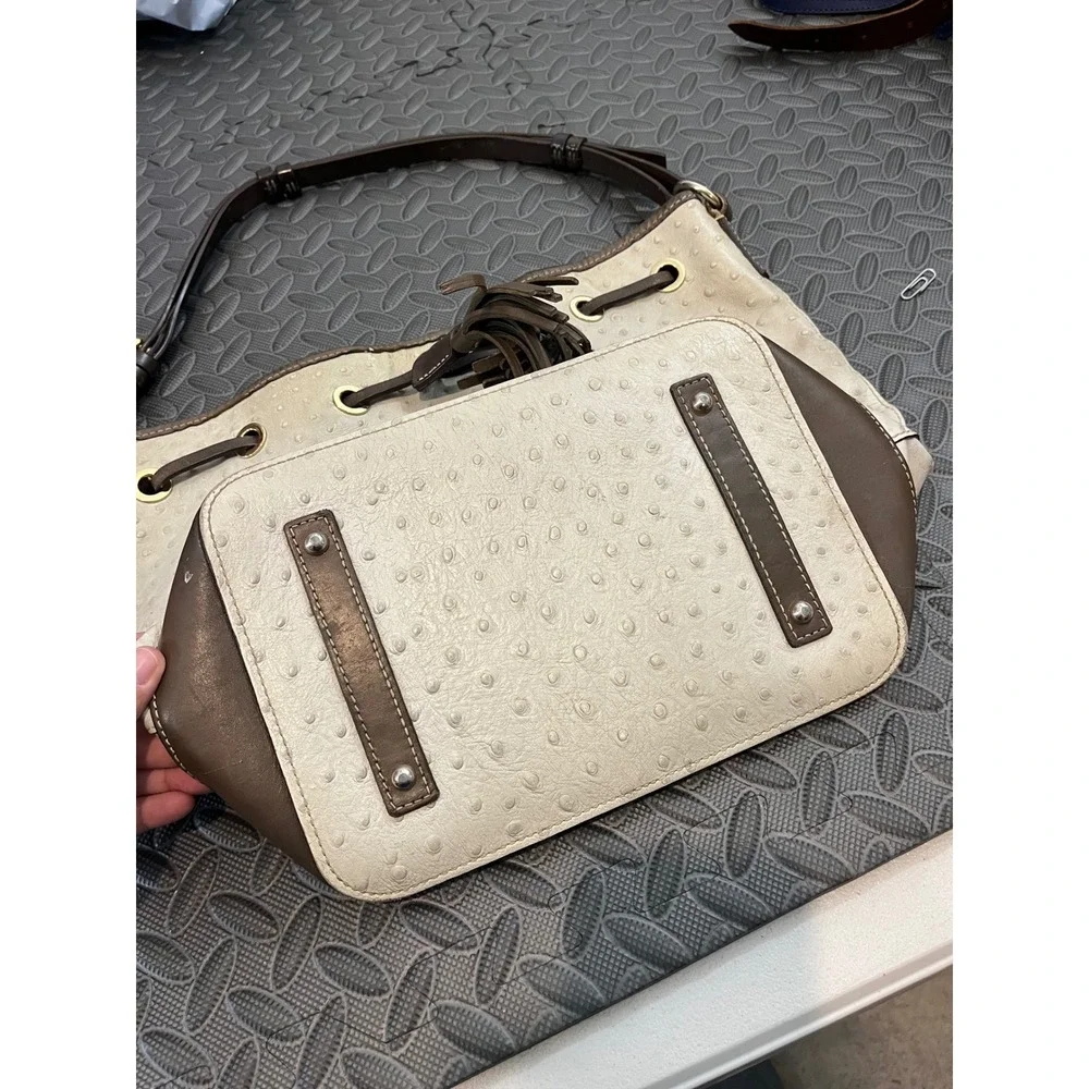 Dooney & Bourke Bucket Bag Womens Medium Cream Brown Ostrich Embossed Tassel